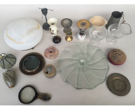 A mixed lot to include a lamp shade , large glass plate and various stoneware pots and other items
