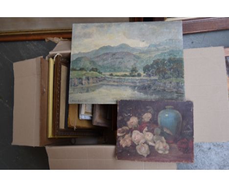 A late 19th and 20th century decorative pictures including oil, still lives, portrait copies, prints etc.
