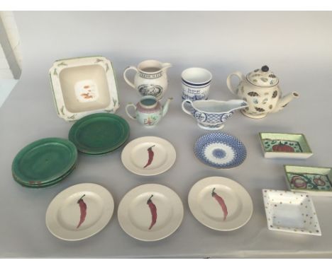 A selection of small plates, one wedgwood, five hand decorated Bridgewater plates with a chilli, five green ceramic plates, a