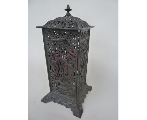 Late 19th / early 20th century cast iron conservatory heater of square pierced form, with domed finialled cover, signed - 'Al