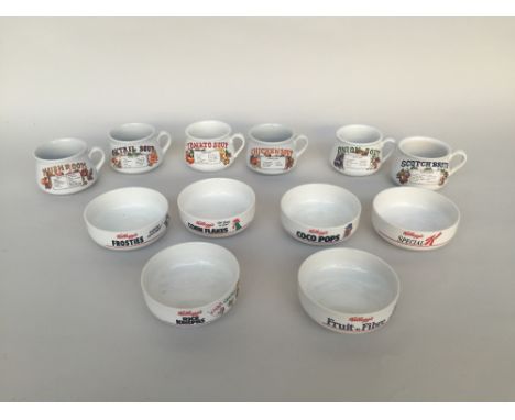 A quantity of 1980's Kellogs bowls and various soup bowls with soup reciepes such as Scotch Broth and Onion Soup