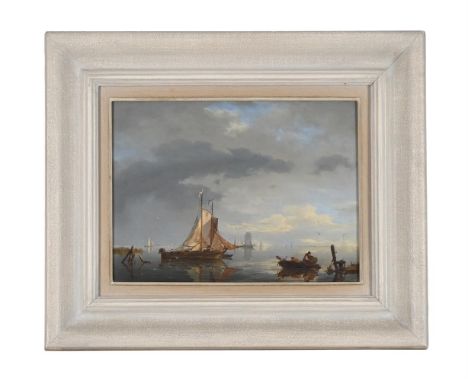 JAN HERMANUS KOEKKOEK (DUTCH 1778-1851)  BOATS IN A CALM ON THE SCHELDT Oil on panel  Signed with initials and dated '45' (lo