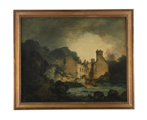 FOLLOWER OF JULIUS CAESAR IBBETSON HOUSE BY THE WATER IN A STORMY SKY Oil on canvas 58 x 72cm (22¾ x 28¼ in.)  Provenance: Pr