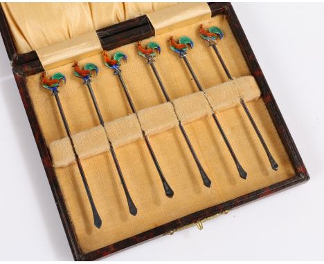 Set of six 1920's silver and enamel cocktail sticks, Birmingham 1928, each having coloured enamel terminals in the form of co