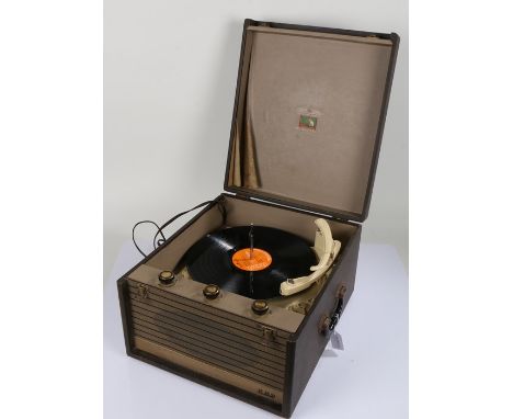 HMV table top record player, with hinged lid and label to the underside, 37.5cm wide