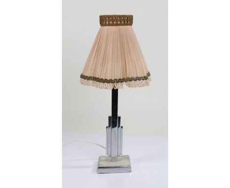 Art Deco chrome table lamp, with stepped column and raised on a square base, 26cm tall excluding fitting and shade