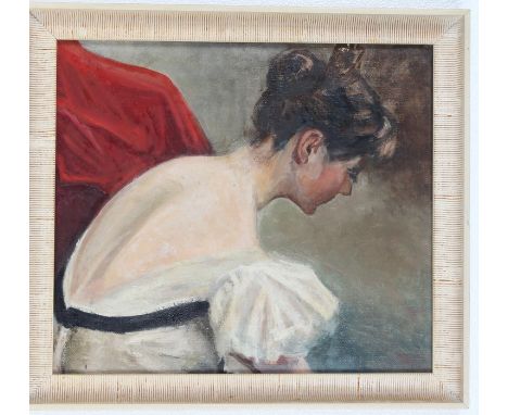 20th Century English School, portrait study of a lady in a white dress, unsigned oil on canvas, the reverse signed 'Saxty', h