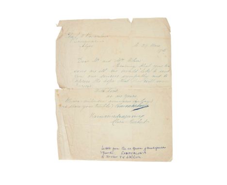   Letter signed, Algiers, 29th March 1915 in blue ink on one side of single sheet, 25 x 20cm, reading 'Dear Mr and Mrs Wilson