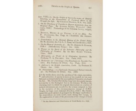  Darwin, Charles [Owen, Richard] Original review by Richard Owen of Darwin's seminal work, On the Origin of Species by means 