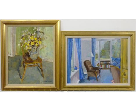 Anne Williams (British 20th century): 'Chair with Honesty' and 'Sitting Room', two oils on board signed, titled on labels ver