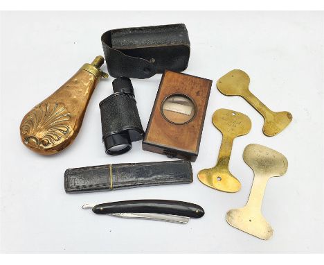 G.N.R brass template dated June 1886, two others, copper shot flask, brass postal scales, cut throat razor, Aquilas 8x30 mono