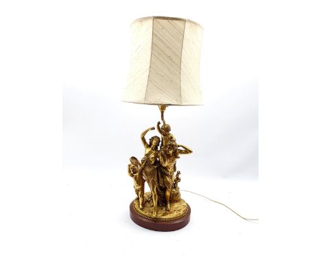 Gilded cast brass electric lamp base in the form of a Bacchanalian group  of figures on red marble plinth 50cm (excluding sha