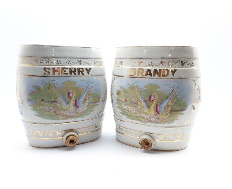 Brandy and Sherry ceramic barrel decanters with printed decoration, H32cm  - Condition Report 