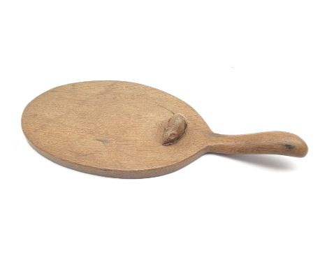 'Mouseman' oak cheeseboard of oval form with raised handle, by Robert Thompson of Kilburn, D56cm, H47cm - Condition Report 