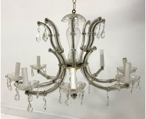  20th century eight branch glass and gilt metal chandelier with prism glass drops H44cm and a matching set of two branch wall