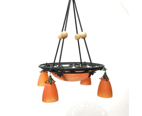 Art Nouveau style centre bronzed and mottled glass light fitting, inscribed Schneider, H184 - Condition Report One shade a/f