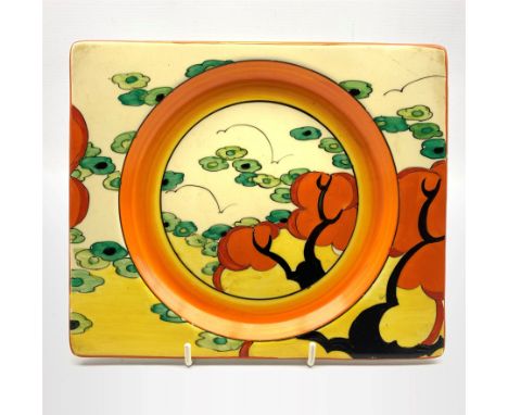 Clarice Cliff for Wilkinson Pottery 'Orange Erin' c.1934 rectangular plate, printed backstamps 23cm - Condition Report 