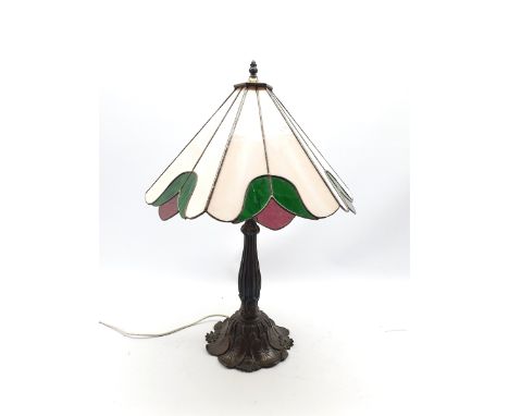 Tiffany style table lamp, leaded glass shade on lily pad moulded cast metal support, H69cm  - Condition Report 