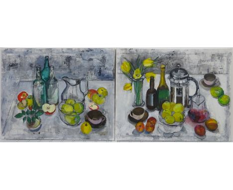 Anne Williams (British 20th century): 'Buying Oranges', collage and acrylic signed and titled with artist's York address vers