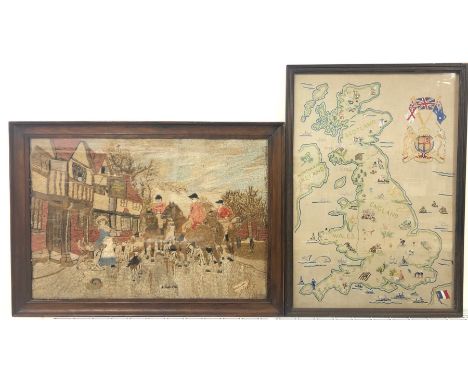 Early 20th century needlework picture titled 'A Good Kind' by J. C Walker 1923 73cm x 53cm and a vintage needlework map, both