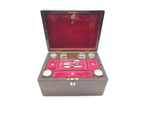 Victorian Rosewood vanity box the mother of pearl inlaid hinged cover opening to reveal a fitted velvet lined interior, with 