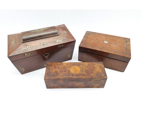 Victorian rosewood sarcophagus shape tea caddy inlaid with mother of pearl, the interior with three covered containers W28cm,