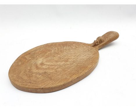 Thompson of Kilburn Mouseman oak cheese board of oval design, the raised handle with carved mouse signature L37cm - Condition