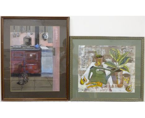 Anne Williams (British 20th century): 'Growing' and 'Claret' - Kitchen Interior with a Cat, two mixed media on paper signed, 