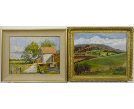 Anne Williams (British 20th century): Yorkshire Farmstead and Landscape, two oils on board, one signed, max 43cm x 53cm (2) P