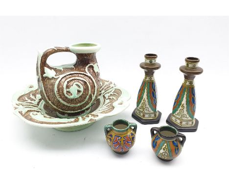 Pair of Gouda 'Collier' hexagonal vases and two small Gouda vases and a Burleigh Ware moulded jug and bowl no. 203 (6) - Cond