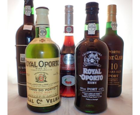 Five bottles to include Royalo Porto white port and ruby port Saint Clair 10 year old port ruby port and Marie Brizard cherry