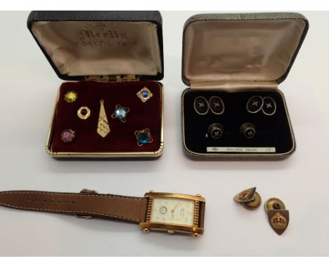 Cufflinks tie pins and Solvil and Titus tankwrist watch  CONDITION REPORT: This item was working at lotting up 