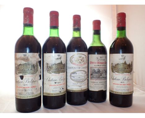 Five bottles of vintage French Haut-Medoc wine three Chateau Belgranne 1971 one Chateau Pierre Bibian Darriet 1962 and a Chat