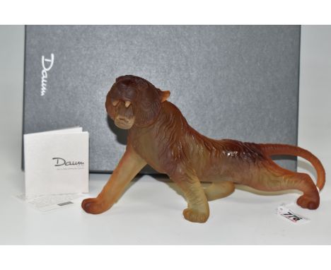 A BOXED DAUM LIMITED EDITION 'BENGAL TIGER' in a frosted amber pate de verre, marked 'Daum France 373' (373/1000) to the tail