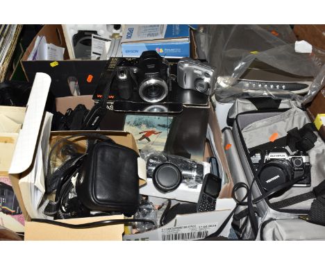 TWO BOXES AND LOOSE PHOTOGRAPHIC AND ELECTRICAL ITEMS, to include an Olympus OM10 camera fitted with a Miranda f3.5-4.8 28-70
