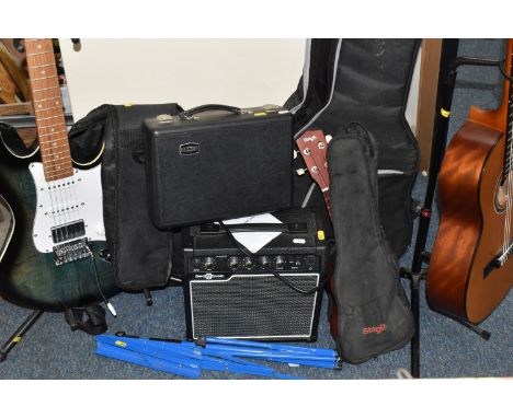 A GROUP OF MUSICAL INSTRUMENTS AND ACCESSORIES, comprising a Valencia acoustic guitar, model VC203, serial no 579271, with so