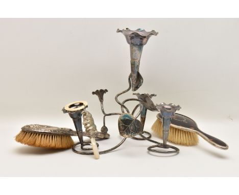 WHITE METAL ITEMS, to include a silver plated centre piece with four removeable flutes, a silver embossed hair brush hallmark