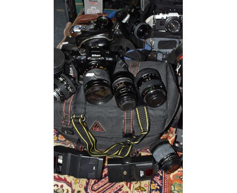 A BOX AND A CASE OF CAMERAS AND PHOTOGRAPHIC EQUIPMENT, to include a Nikon F-401X fitted with a Centon f1.8 500mm mirror lens