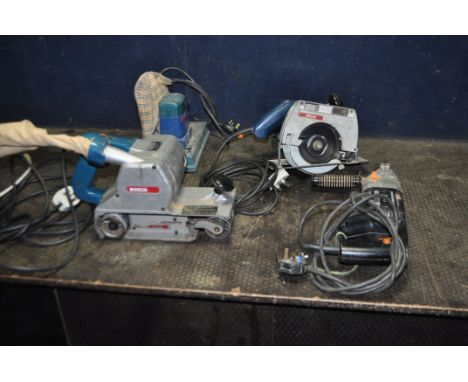 A COLLECTION OF POWER TOOLS, including a Bosch Professional sander (PAT fail due to uninsulated plug), circular saw and belt 