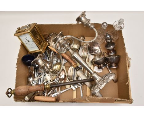 A BOX OF ASSORTED SILVER AND WHITE METAL WARE, to include a silver Georgian tablespoon, rubbed London hallmark, makers mark  