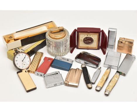 A SELECTION OF LIGHTERS, POCKET KNIVES, POCKET WATCH ETC, to include a gold plated 'Ronson' lighter, a leather cased 'Ronson'