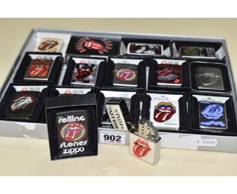 A BOX OF THE ROLLING STONES ZIPPO LIGHTERS, fifteen lighters in different designs, most boxed (1 box) (sd, untested)