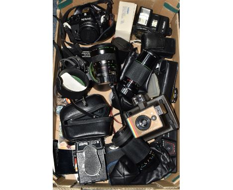 A BOX OF CAMERAS AND ACCESSORIES to include a Nikon EM fitted with a Nikon Lens E 50mm 1:1.8, a cased Makinon Zoom 1:3.5-4.5 