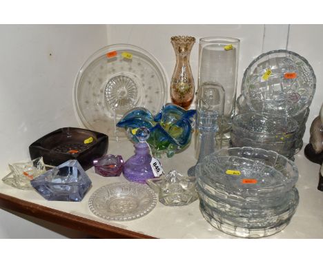 A COLLECTION OF GLASS comprising a blue and green decorative Chribska art glass bowl diameter 18cm, three ashtrays comprising