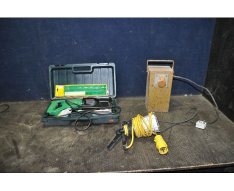 A CASED HITACHI CR12V 110V RECIPROCATING SAW, with a 110v lead light, and a vintage 110v transformer with one outlet (PAT pas