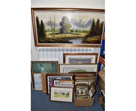 A QUANTITY OF PICTURES AND PRINTS ETC, to include a indistinctly signed landscape having trees and a river to the foreground 