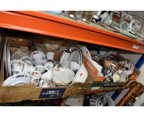 FOUR BOXES AND LOOSE ASSORTED CERAMICS to include a H &amp; K Tunstall 'Viola' water jug and fruit bowl, a group of Mason's i