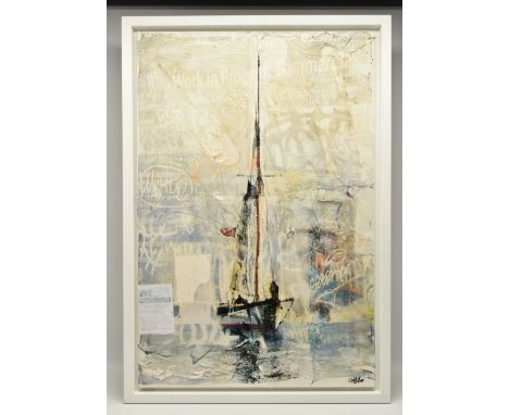GILL STORR (BRITISH CONTEMPORARY) 'THE NEWS TODAY', a yacht under sail flying an American flag, set against an abstract backd