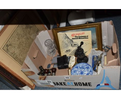 ONE BOX AND LOOSE VINTAGE MISCELLANEOUS ITEMS, to include a cast iron nutcracker in the style of Robert Welch, a cloisonne en