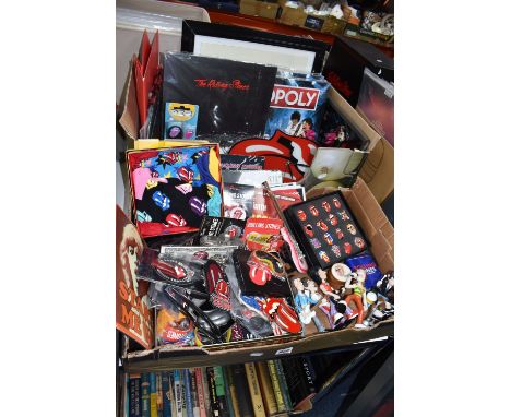 TWO BOXES OF ROLLING STONES COLLECTIBLES to include various badges to include a box of limited edition enamel badges No. 13, 